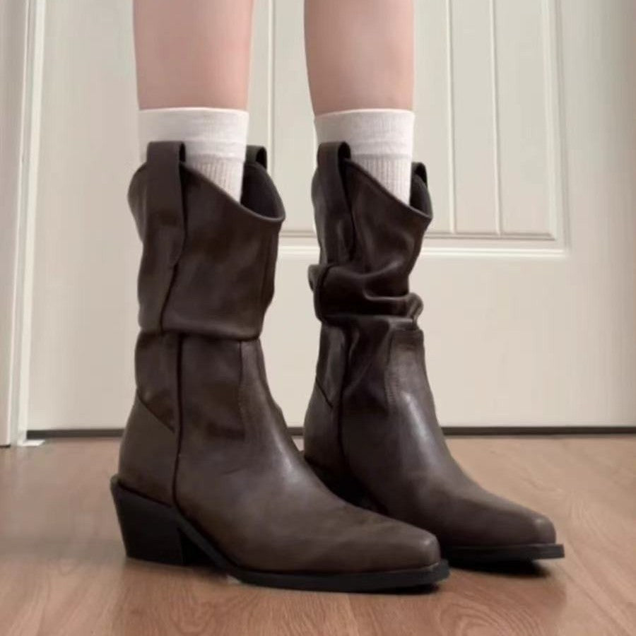 Women's Pointed Toe Chunky Booties Pile Style Western Women's Leather Boots