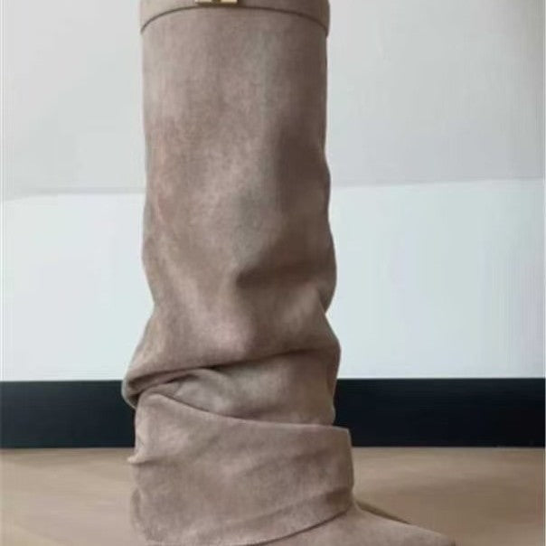 Women's Pointed Straight Pleated Metal Buckle Long Tube Large Size Thick Women's Leather Boots
