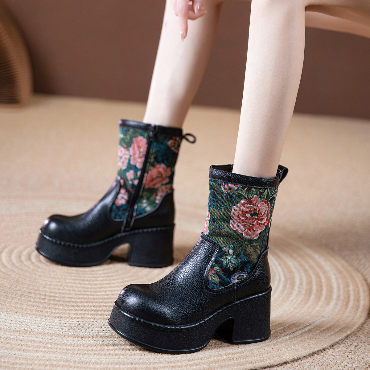 Women's Retro Ethnic Style For Chinese Embroidered Waterproof Platform Women's Leather Boots
