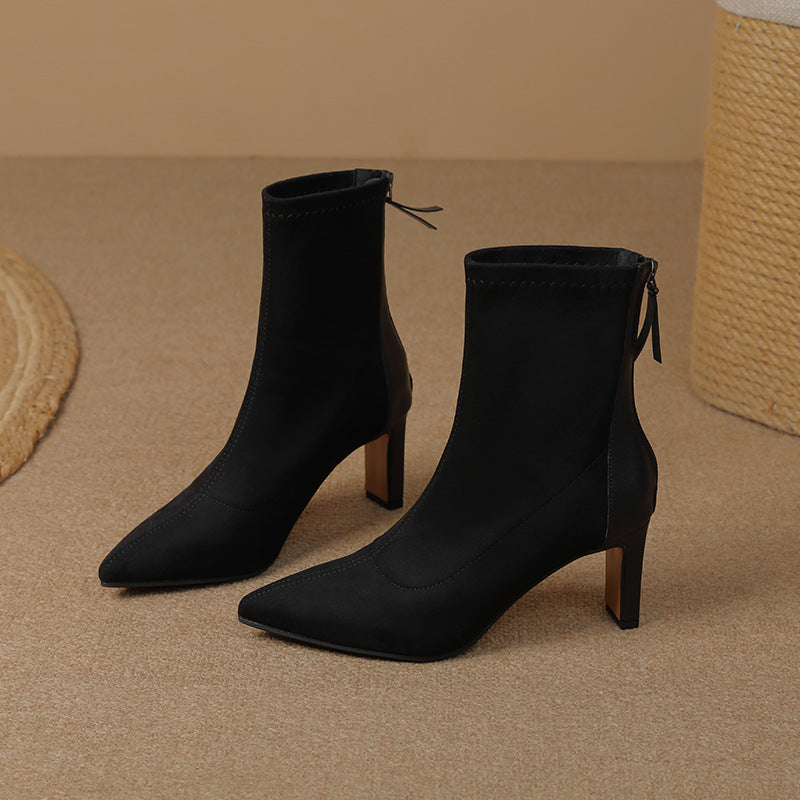 Women's French Style High Chunky Pointed Toe Back Zipper Suede Stretch Women's Leather Boots