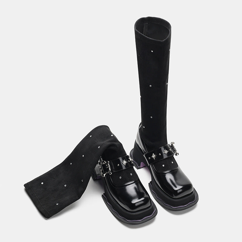 Mary Jane Suede Below The Knee Boots