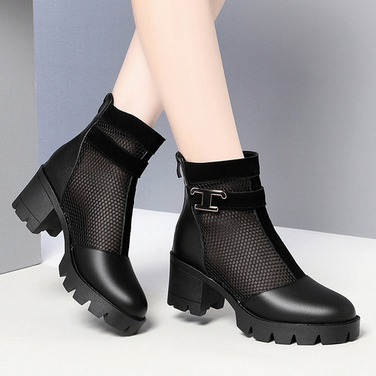 Women's Mesh Mid Chunky Pumps British Style Women's Shoes