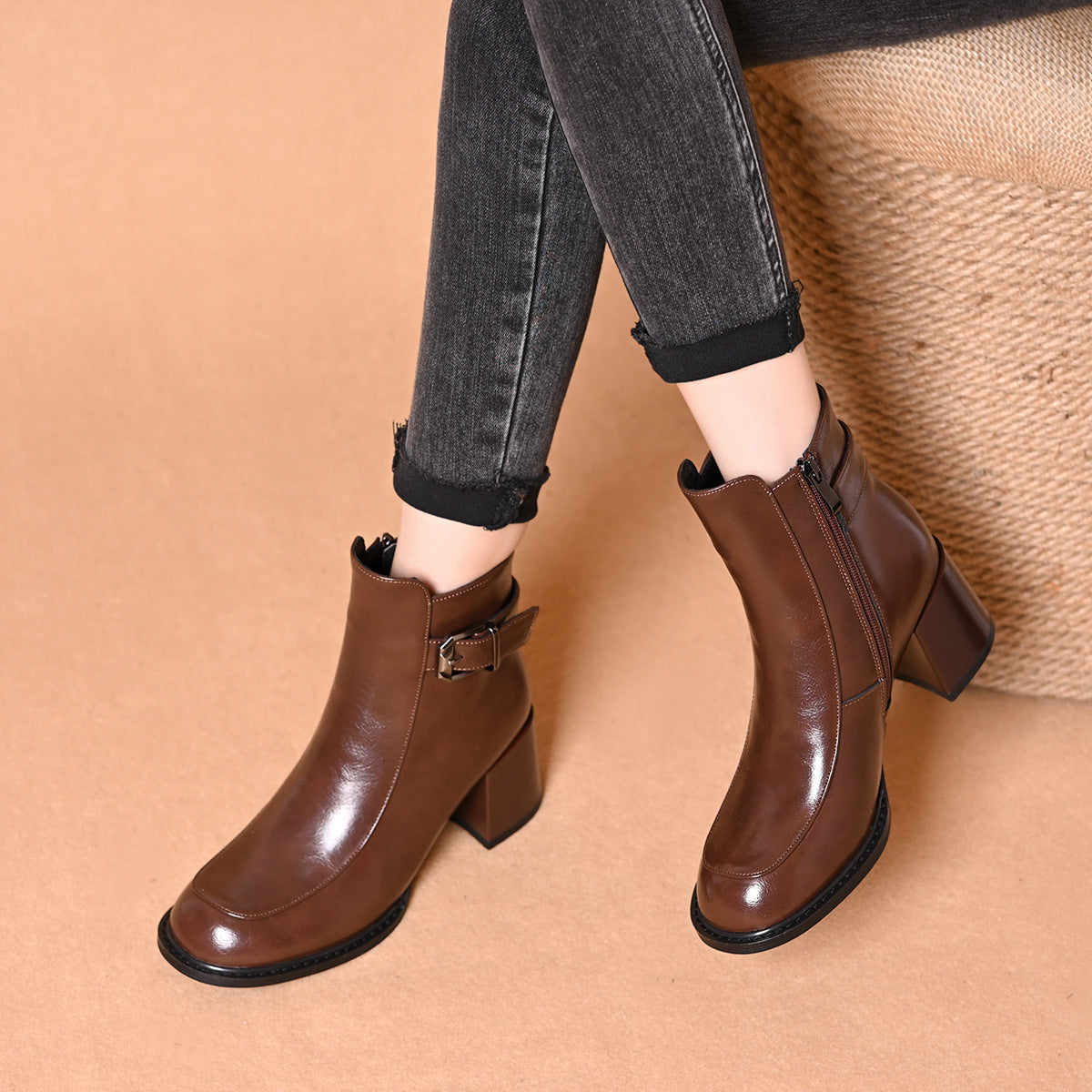 Women's Round Head Ankle French Retro Skinny Fashion Women's Leather Boots