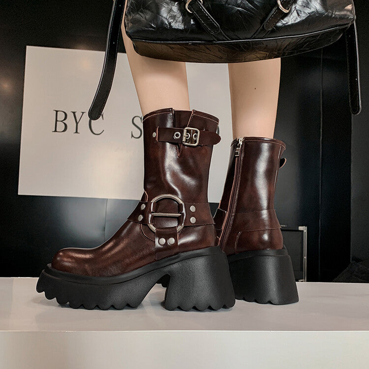 Women's Platform Martin Cowhide Skinny Belt Buckle Women's Leather Boots