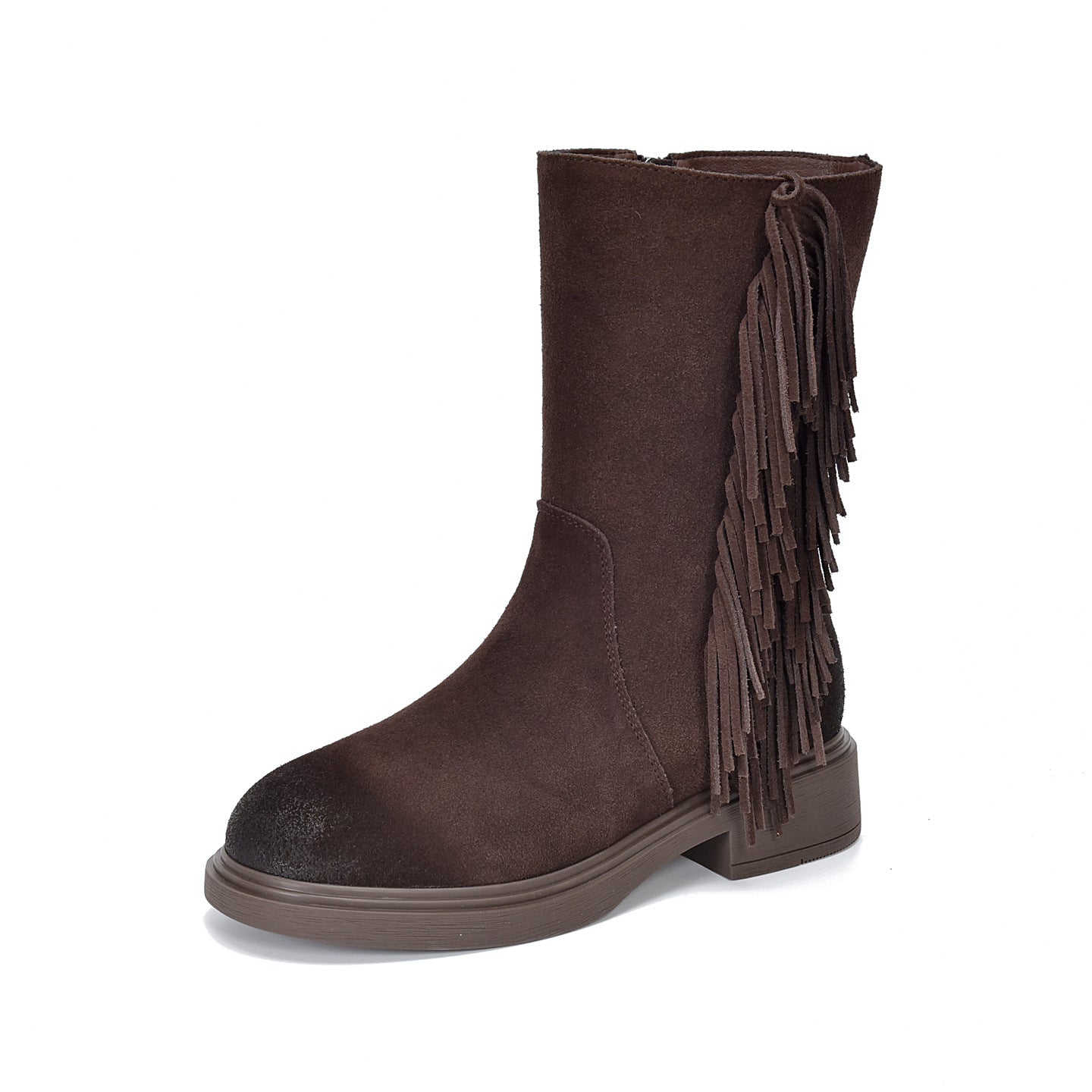 Women's Tassel Mid Genuine Fashion Round Toe Cowhide Women's Leather Boots