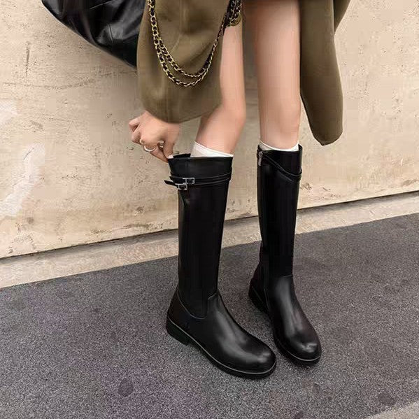 Yu Tong Autumn Gemini Belt Buckle Knight Round Head Slimming Women's Leather Boots
