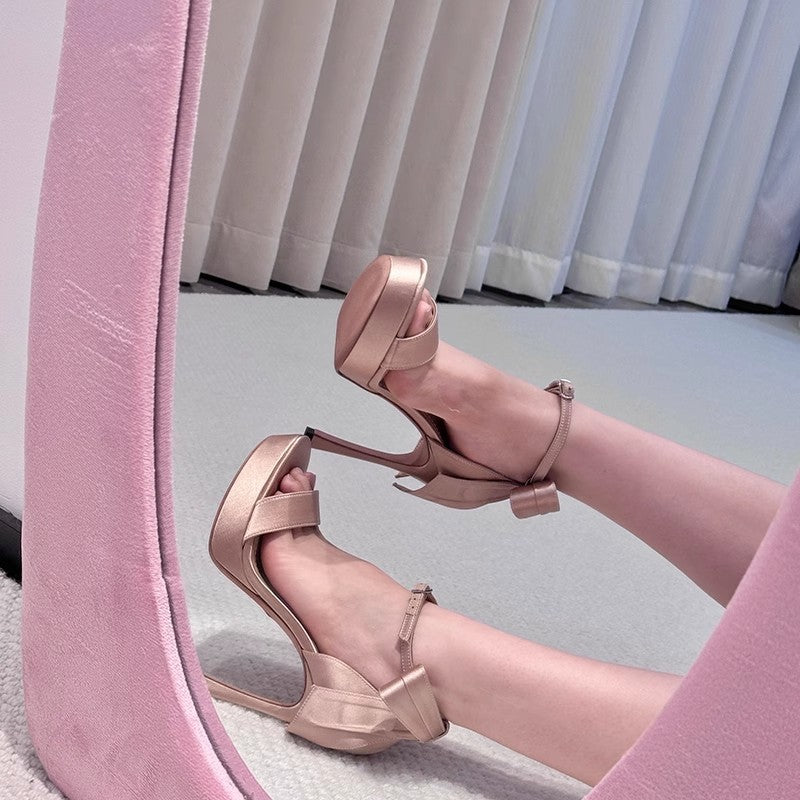 Open Toe Platform Satin Bowknot Bag Buckle Sandals