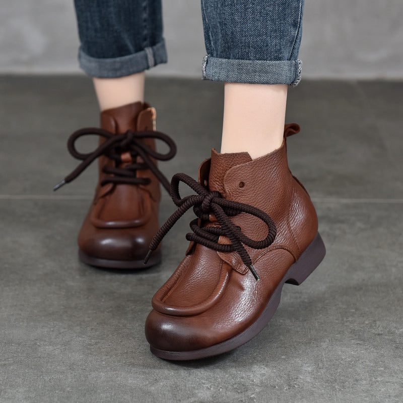 Women's Cowhide Handmade Short Lace Up Round Toe Flat Cozy Women's Leather Boots