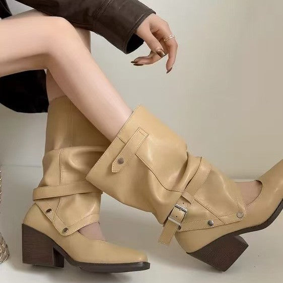 Women's Western Cowboy Pleated Pile Pants Pipe Black Round Retro Women's Leather Boots