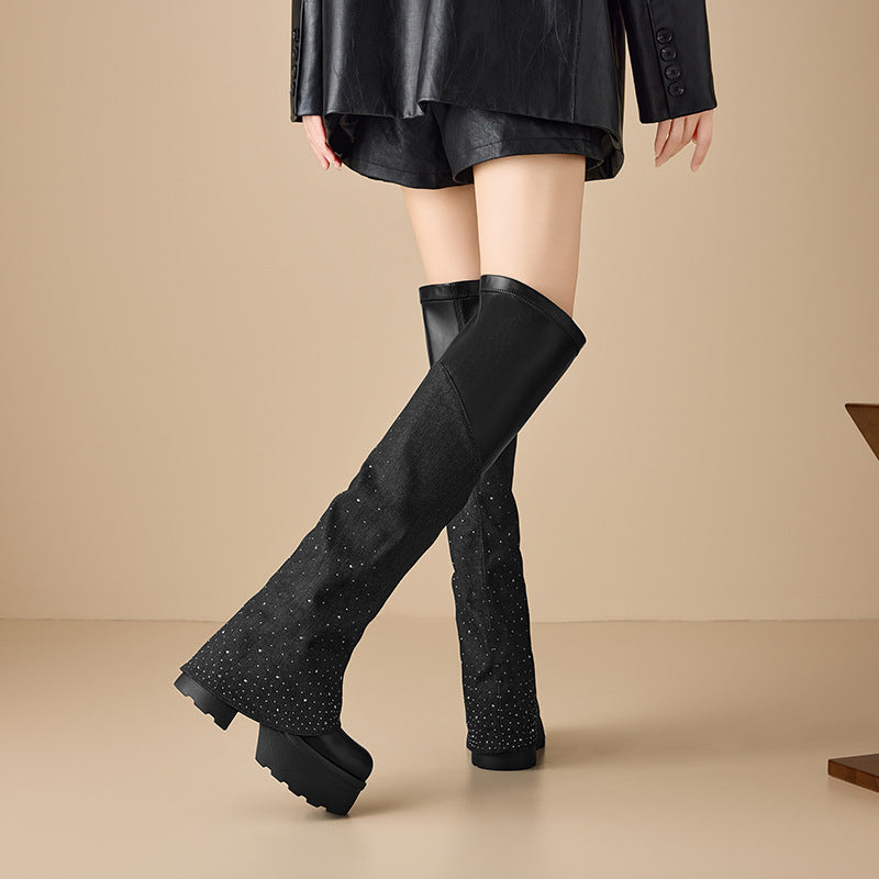 Women's Thick Bottom Height Increasing Fashionable Round Toe Stretch Denim Women's Leather Boots