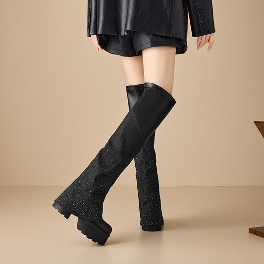 Women's Thick Bottom Height Increasing Fashionable Round Toe Stretch Denim Women's Leather Boots