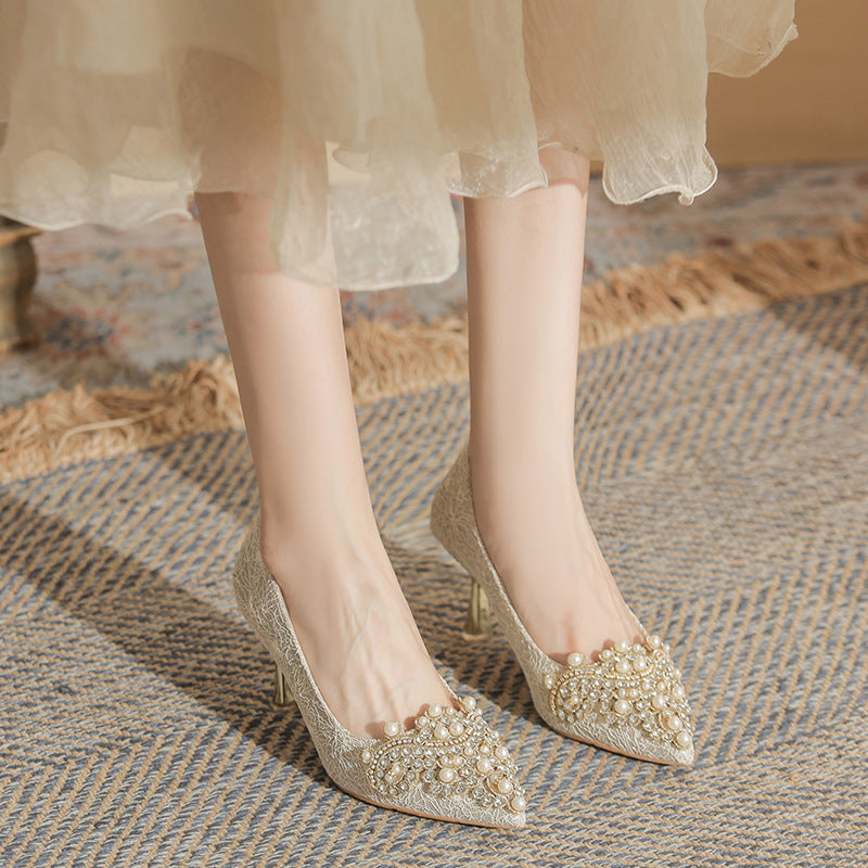 Women's French Wedding Pearl Rhinestone Dress Bridal Women's Fashion Shoes