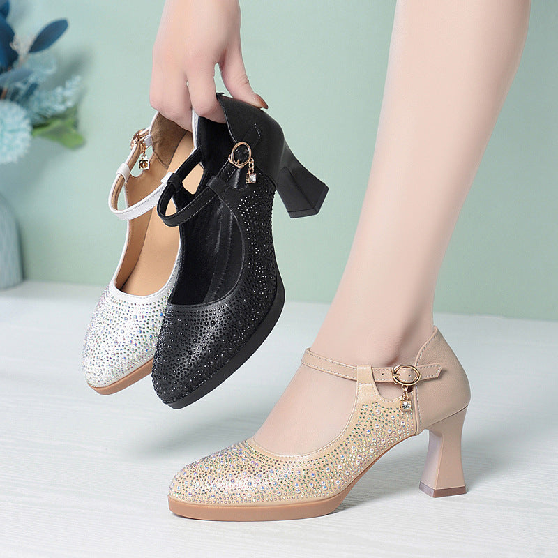 Women's Not Tired Feet Buckle Genuine Chunky Heels