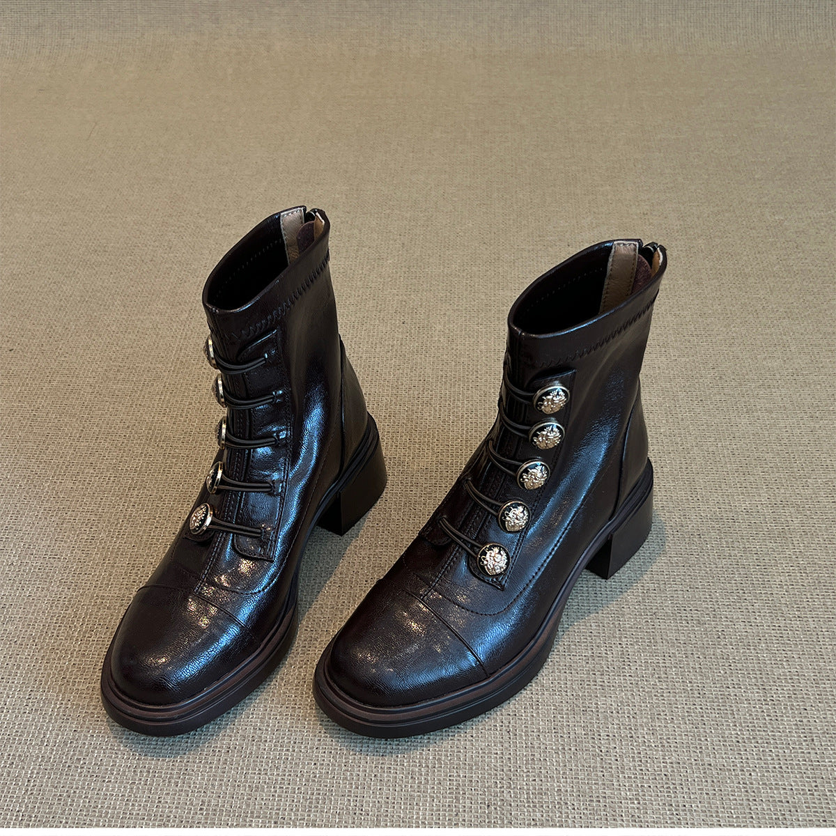 Women's Style Chunky Badge Small Golden Button Booties Versatile Boots