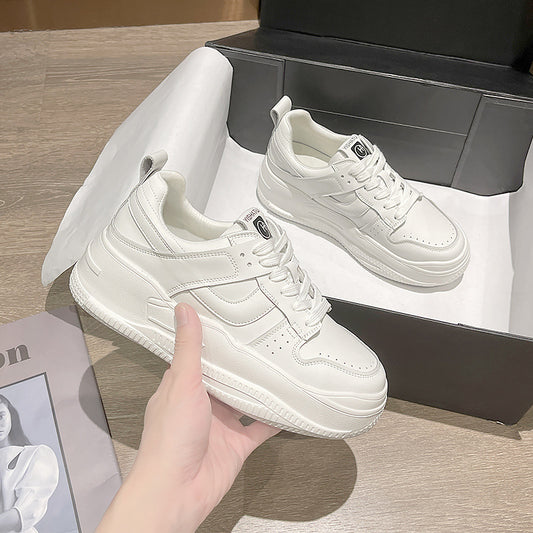Women's White Spring Korean Style Lace Up Round Toe Thick Women's Sports Shoes
