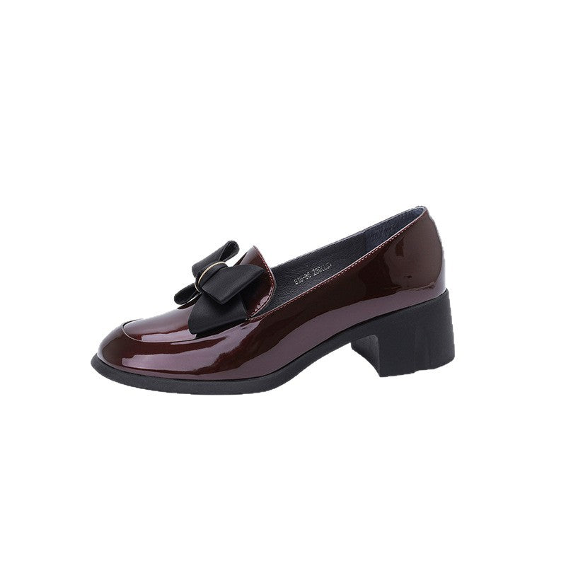 Women's Round Toe Mid Bow Chunky High Black Women's Shoes