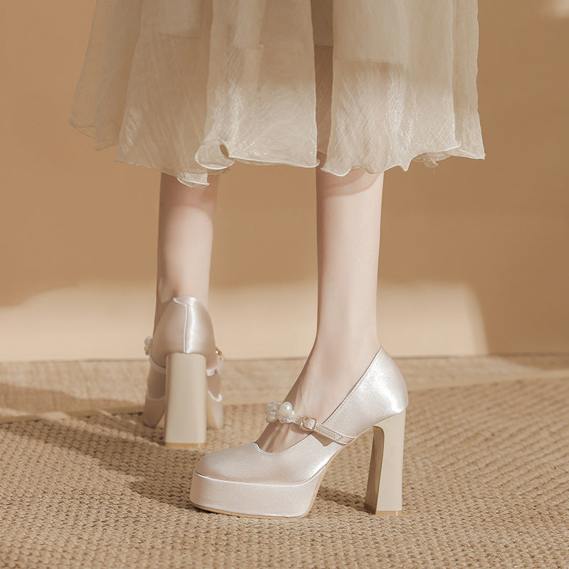 Women's Waterproof Platform High Banquet Satin French Mary Heels