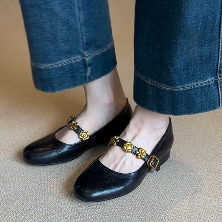 Women's Metal Buckle Genuine Mary Jane French Women's Shoes