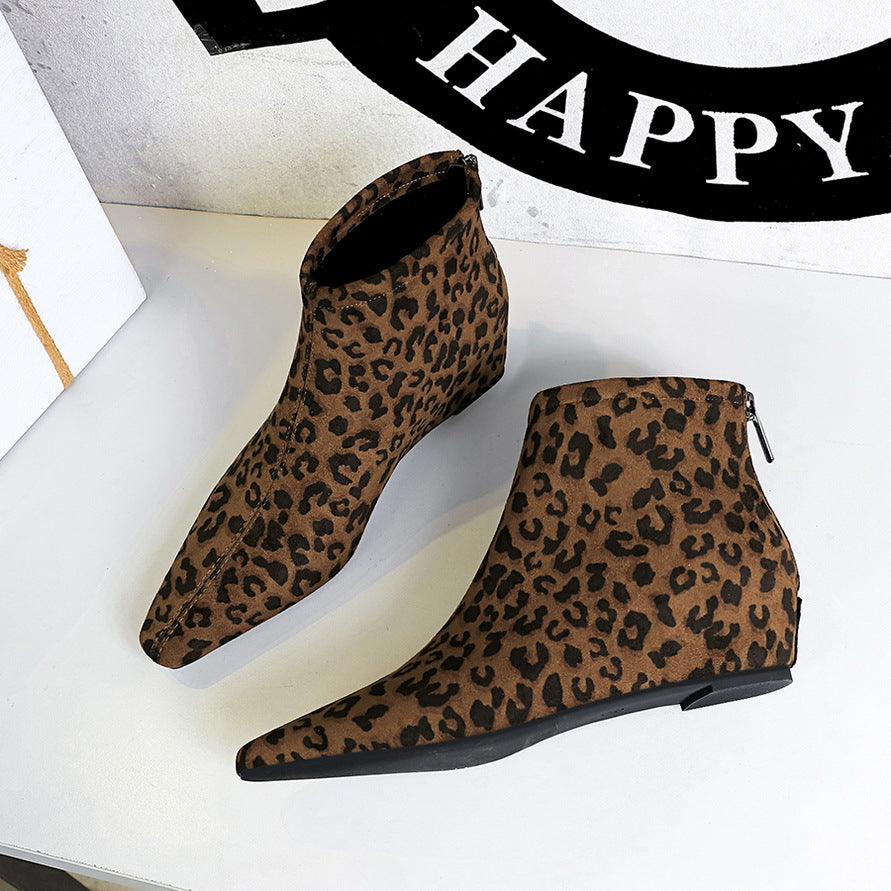 Sexy Ankle Height Increasing Insole Wedge Mid Back Zipper Leopard Heels
