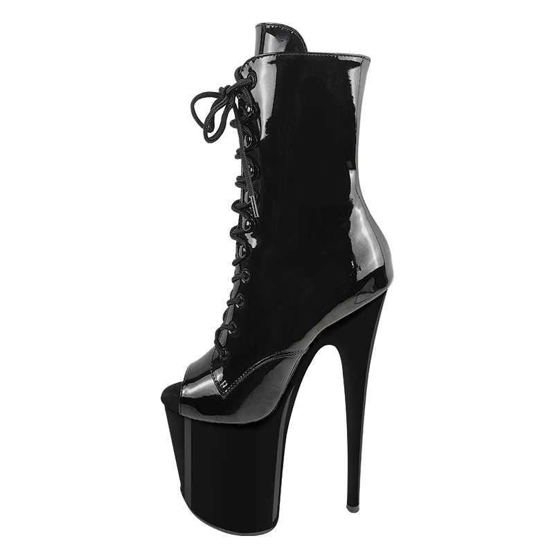 Glossy Fish Mouth Sexy Nightclub Pole Dance Model Women's Leather Boots