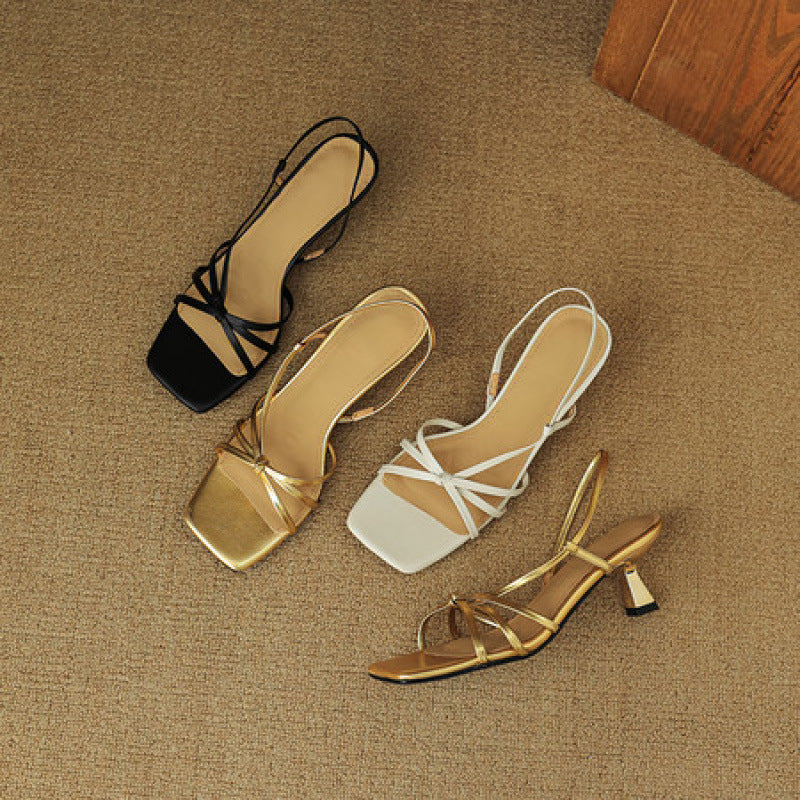 Women's Classy Stilettos Square Toe Genuine Open Summer Outer Wear With High Heeled Sandals