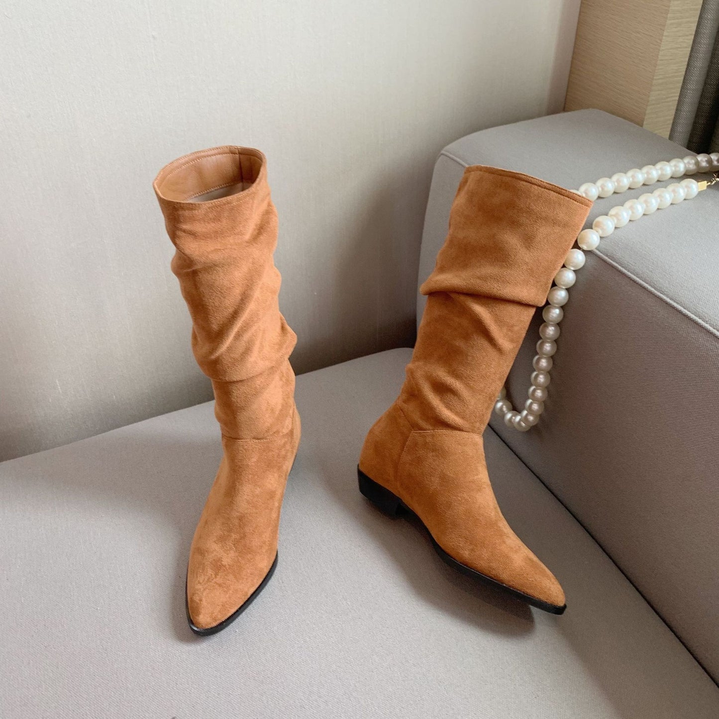 Women's Grape Mom Retro Pointed Toe Chunky Heightened Western Denim Heels