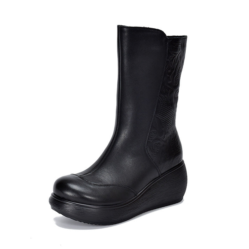 Women's Middle Wedge Platform High-rise With First Layer Of Cowhide Soft Women's Leather Boots