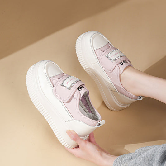 Women's White Spring Velcro Muffin Thick-soled Lightweight Sneakers