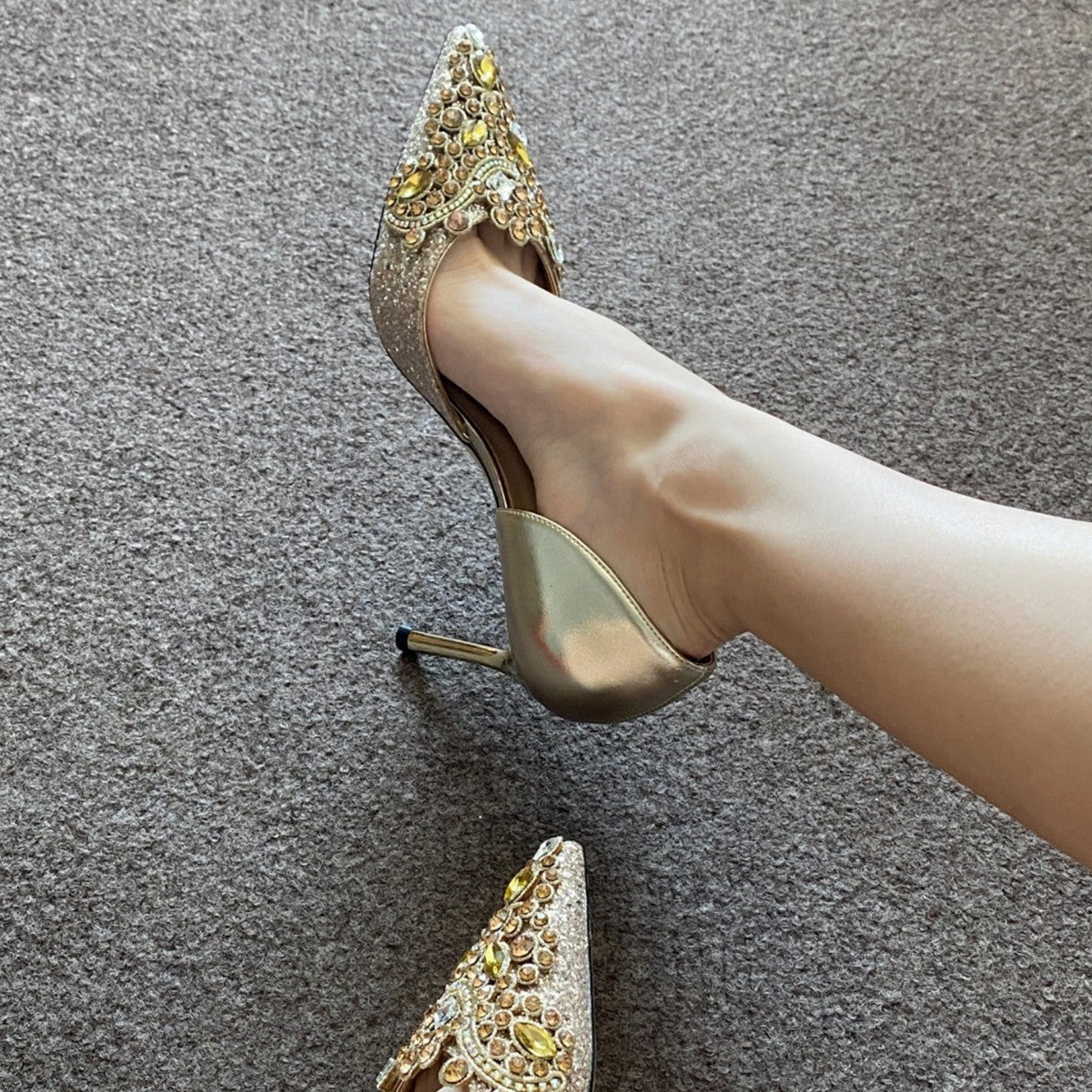 Women's French Hollow Closed Toe Stiletto Rhinestone Banquet Heels