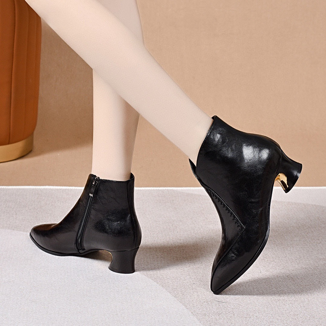 Women's Chunky Authentic Booties French Mid Ankle Brown Women's Shoes