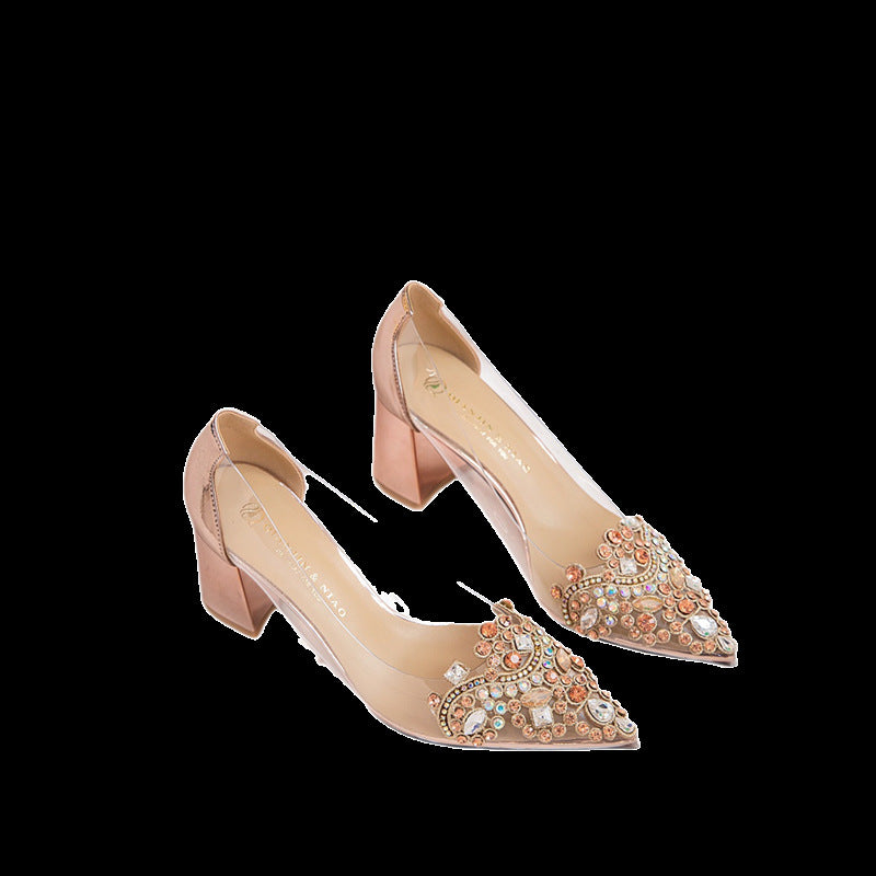 Women's Diamond Golden Bird Fashion Transparent Rhinestone Pointed Heels