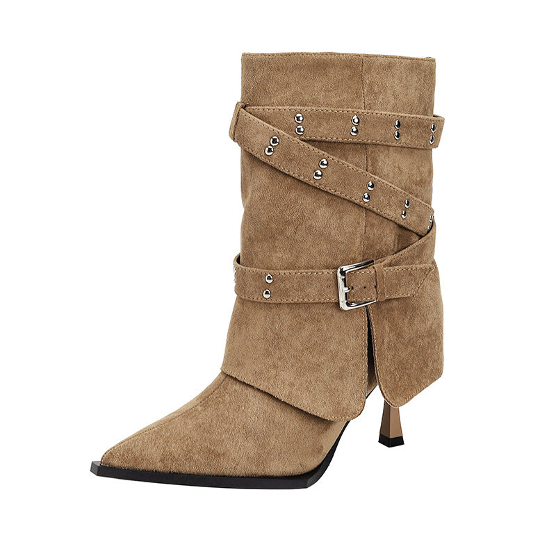 Women's Belt Buckle Wide Pointed Stiletto Short High Boots