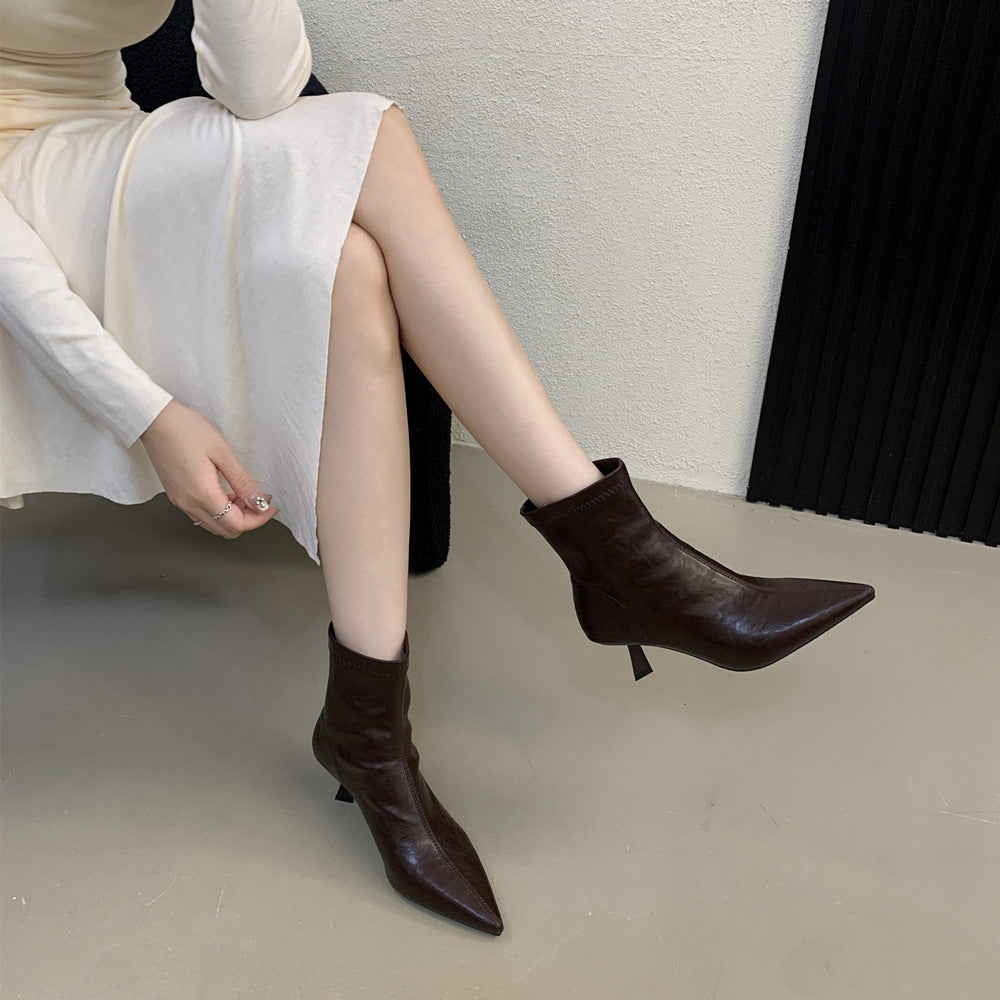 Pointed Stiletto Fashion Winter Mid Simple Graceful Women's Leather Boots