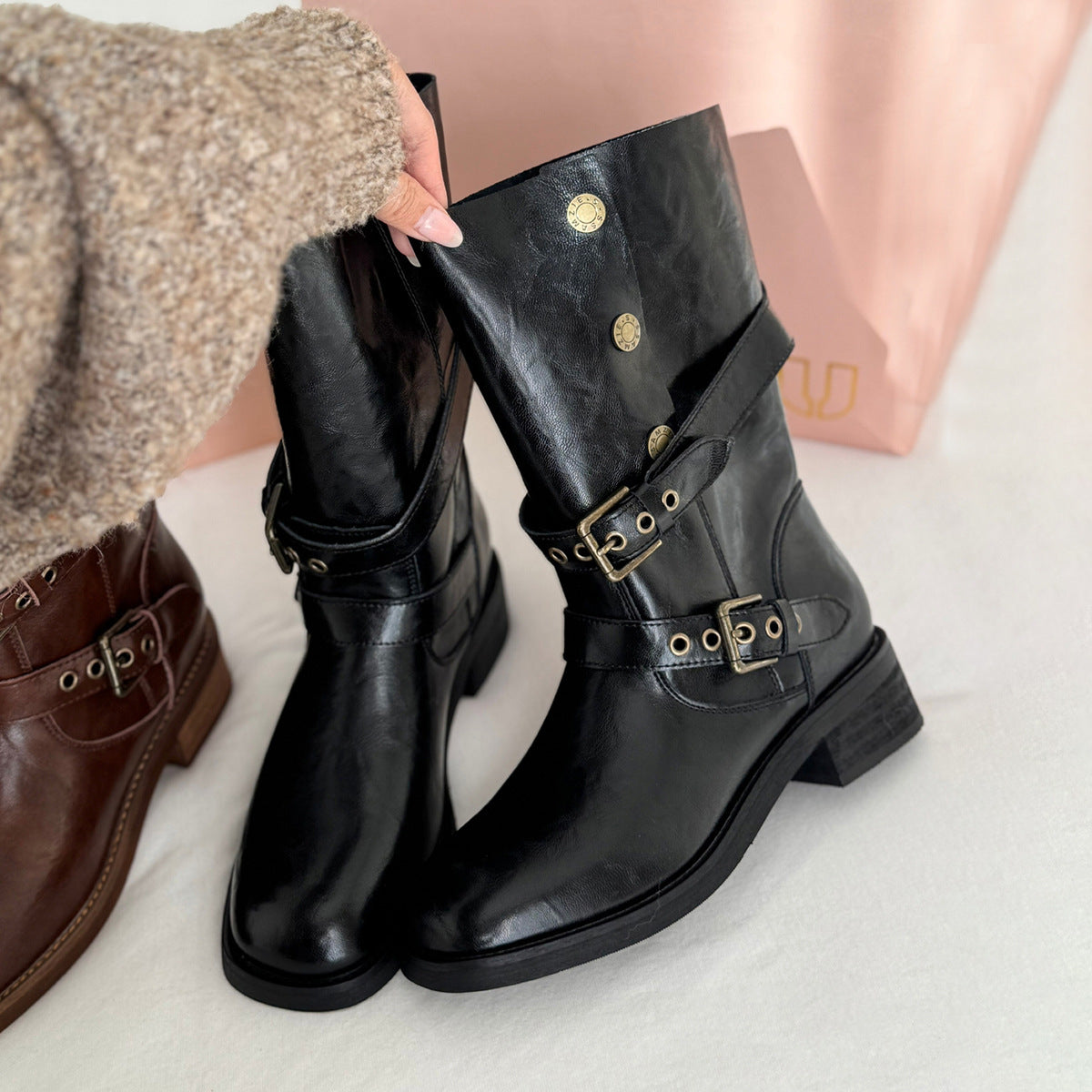 Women's Black Martin Chunky Round Toe Middle Belt Buckle Hot Retro Boots
