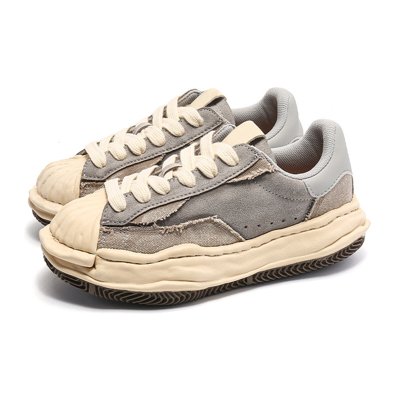 Women's & Men's Washed Worn Color Block Platform Dissoed Retro Shell Men's Board Shoes