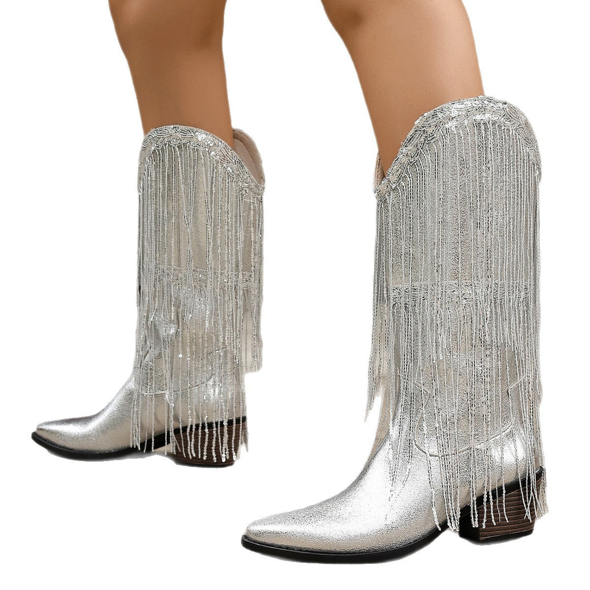 Women's Tassel Pointed Toe Comfortable Middle Chunky Knee-high Heels