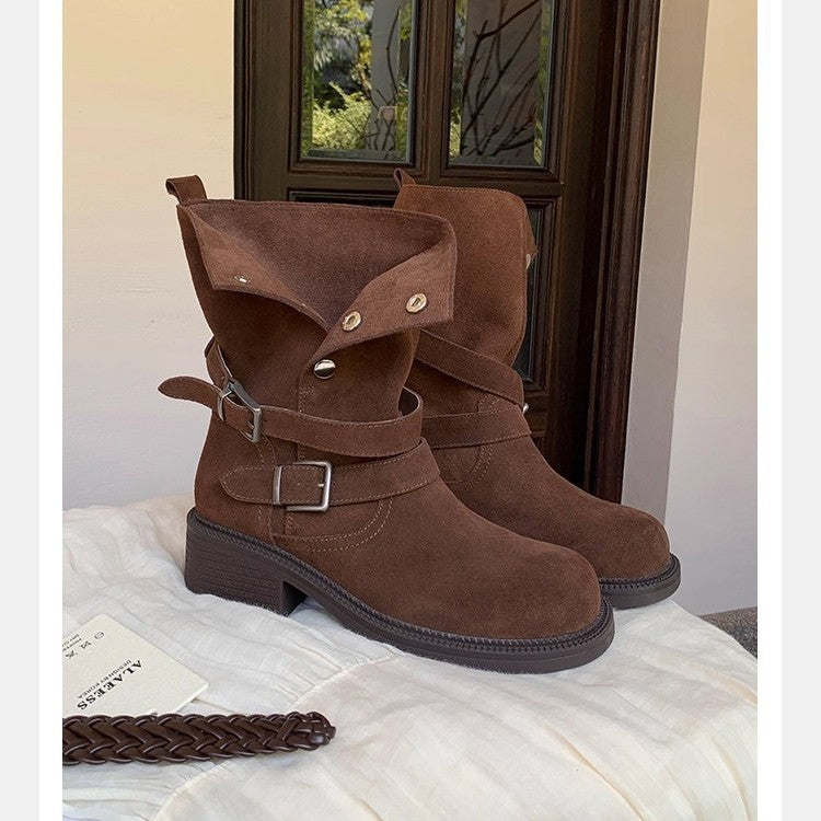 Increasing Chunky Platform Buckle Cow Suede High-heeled With Short Tube Heels