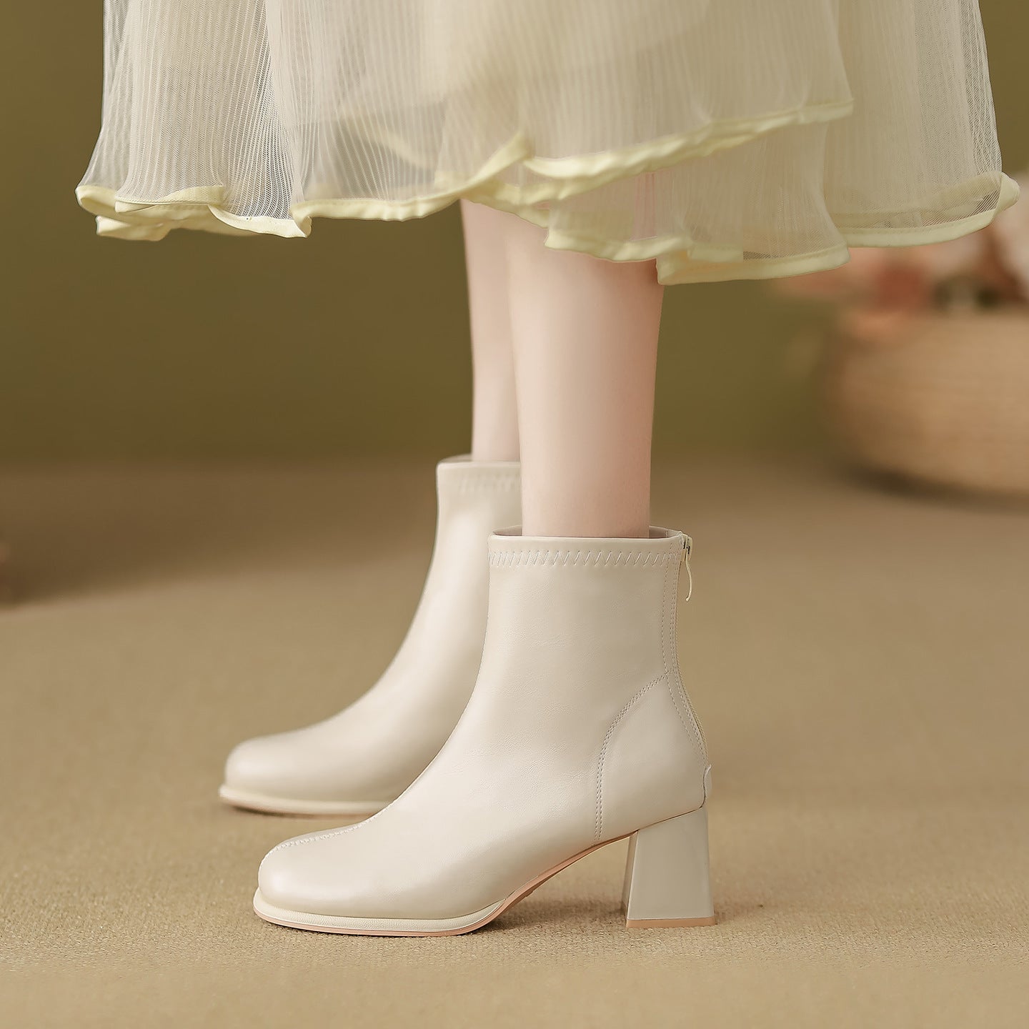 Women's Genuine White Chunky Thin High Short Stretch French Heels