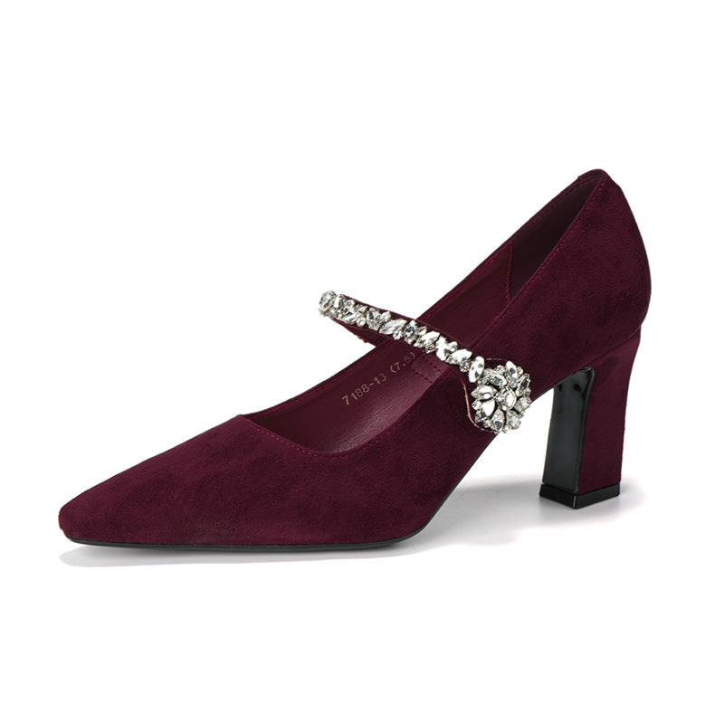 Women's French Style Temperament Crystal Mary Jane High Suede Women's Fashion Shoes