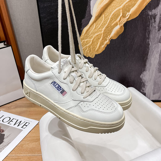 Women's White Calf Stitching Retro Round Toe Niche Casual Shoes