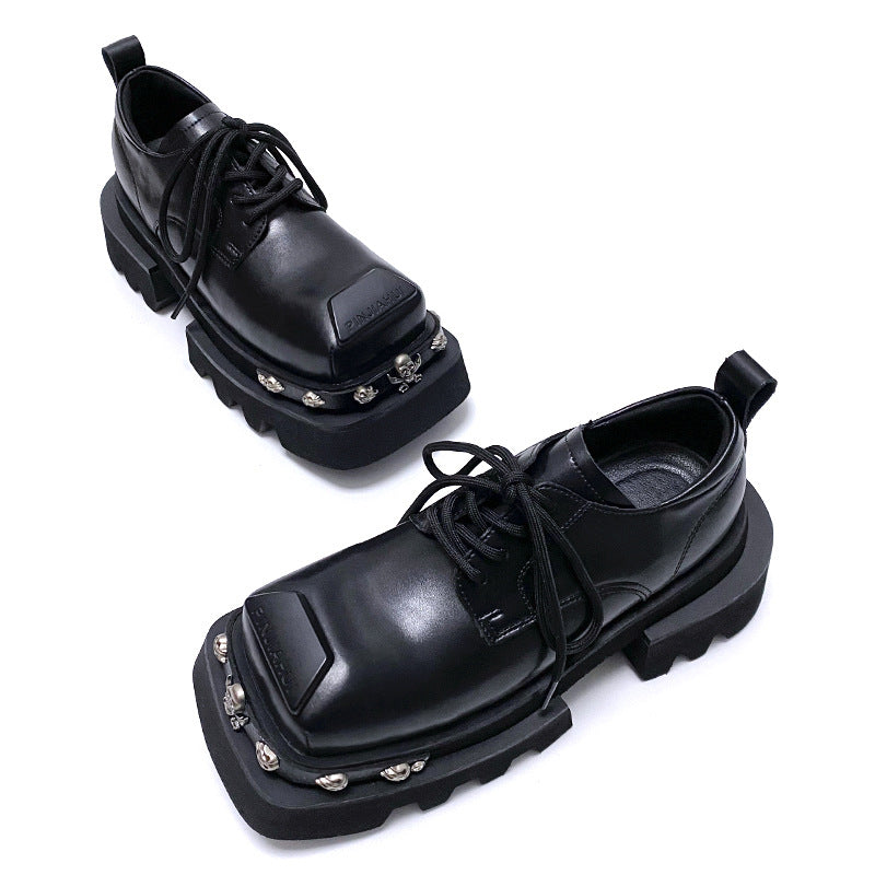 Women's & Men's Design Sense Square Toe Niche Handsome Platform Men's Casual Leather Shoes