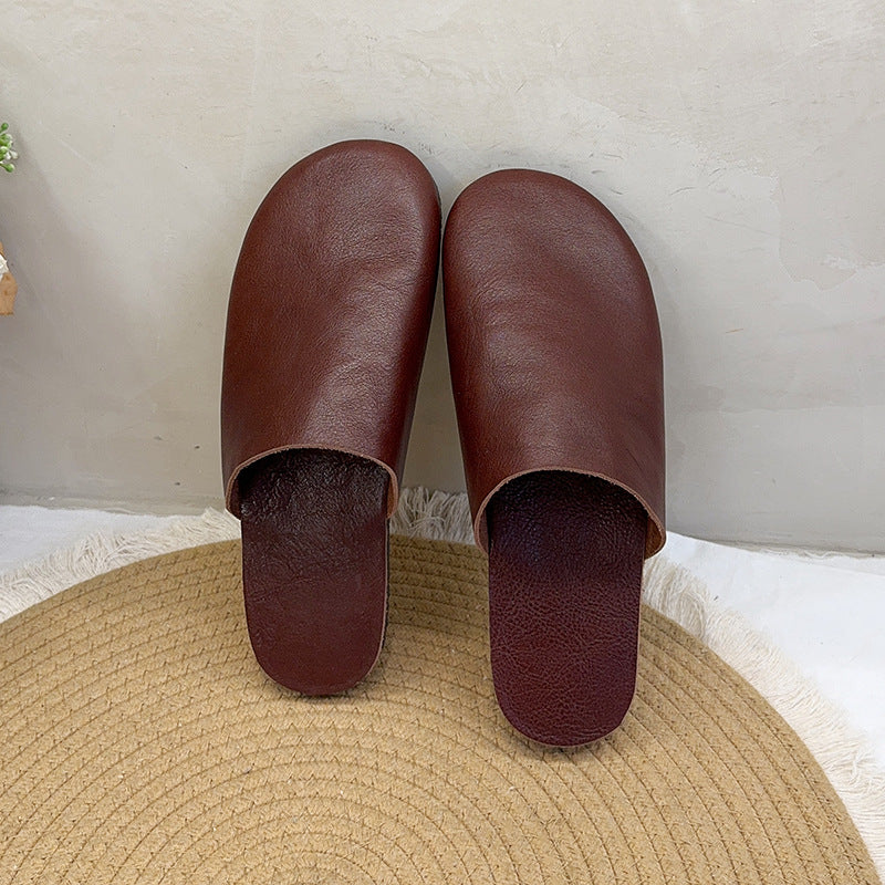 Women's Summer Fashion Round Toe Bottom Top Layer Cowhide Retro Closed Flat Slippers