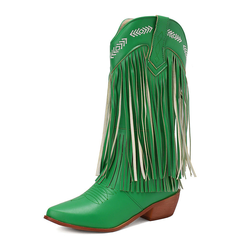 Women's Mid Pointed Western Tassel Embroidery Women's Leather Boots