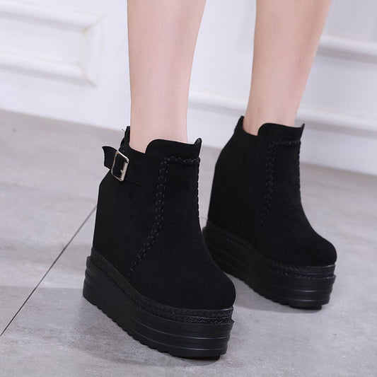 Women's Platform Wedge Booties Single Waterproof Ankle Inner Height Increasing Boots
