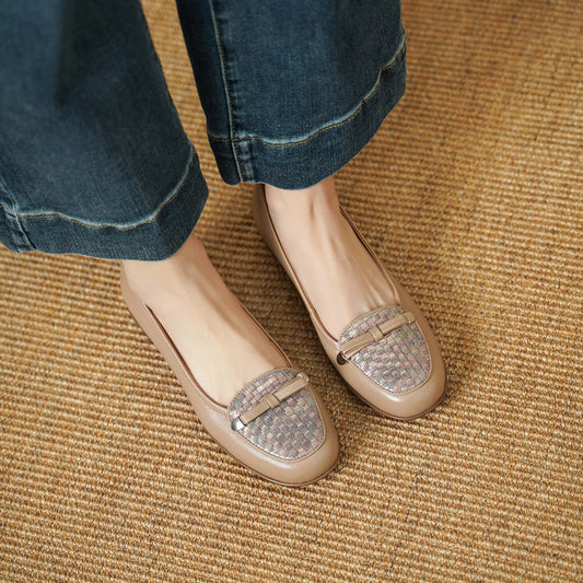 Women's Round Head Woven Korean Style Pumps Soft Sheepskin Low-cut Chunky Women's Fashion Shoes