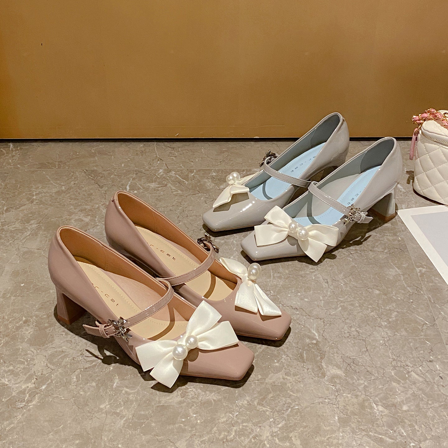 Women's Chunky Square Toe Mary Jane French Pearl Bow Heels