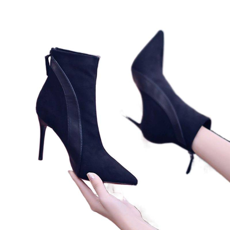 Women's & Men's Black Fleece-lined Skinny Pointed Toe Back Zipper Boots