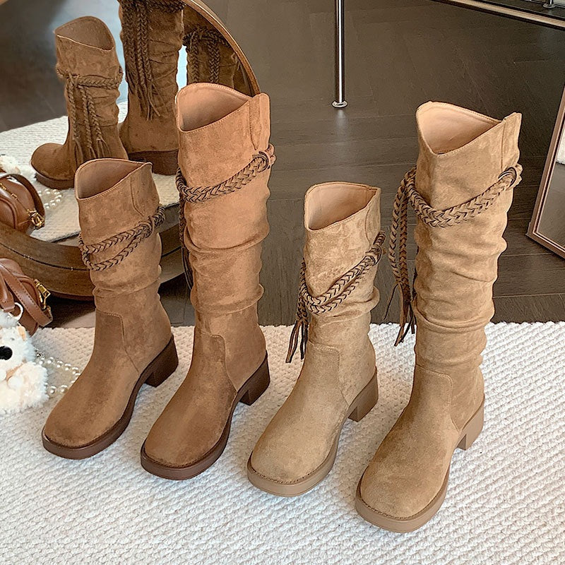 Women's Waste Soil Style Tassel Western Denim Knight Thick Brown Retro Women's Leather Boots