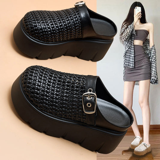 Women's Toe Half Outer Wear Thick Bottom Summer Woven Slippers