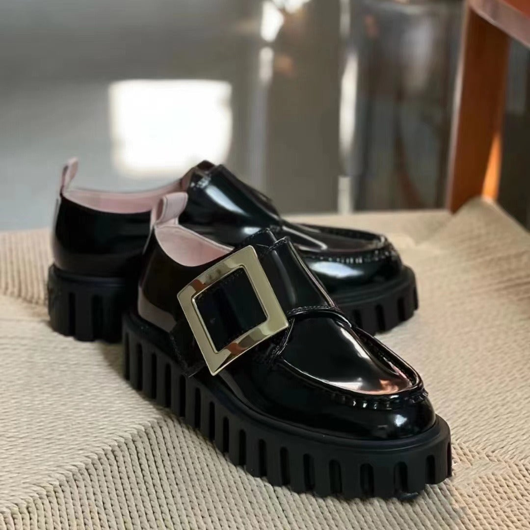 Women's British Style Rhinestone Square Buckle Platform Loafers
